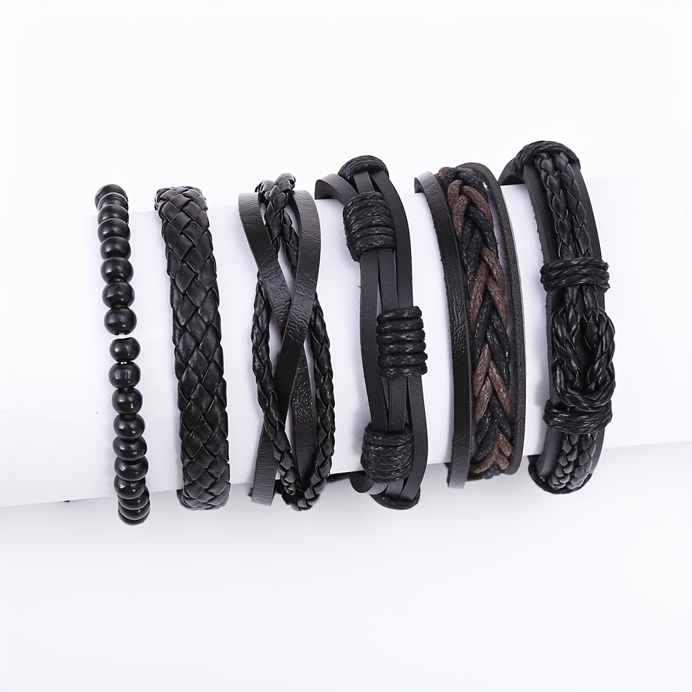 6pcs Vintage Faux Leather Braided Wristbands Set for Men